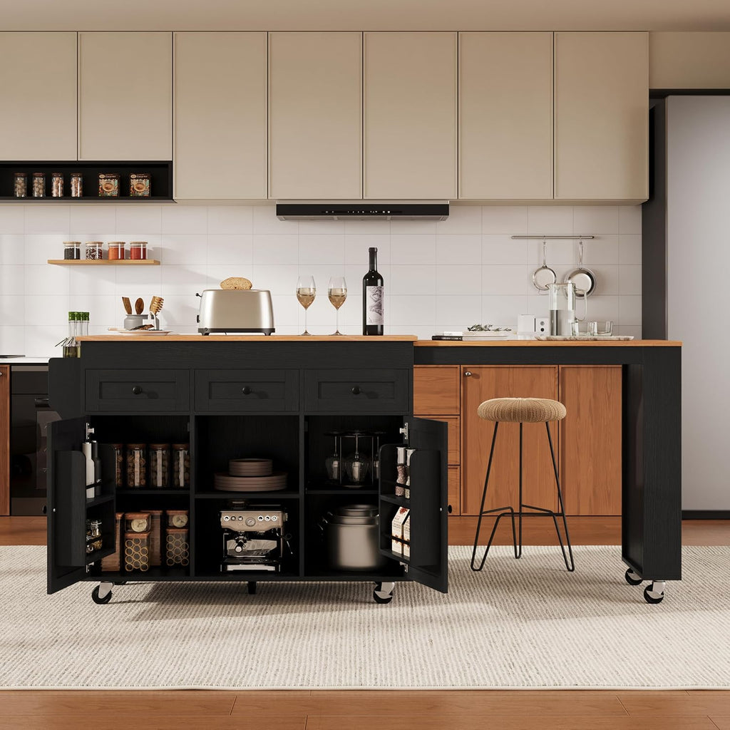 85.5' Kitchen Island with Extendable Dining Table, Kitchen Storage Cabinet with 3 Tier Spice Rack, Rolling Kitchen Island Cart with Power Outlet, 3 Drawers, 2 Doors for Kitchen, Dining Room, Black