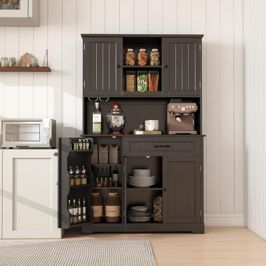 Gizoon Kitchen Pantry Cabinet with Countertop Kitchen Hutch Storage Cabinet 67.7' Tall Pantry Coffee Bar with Storage for Dining Room and Craft Room, Painted Black