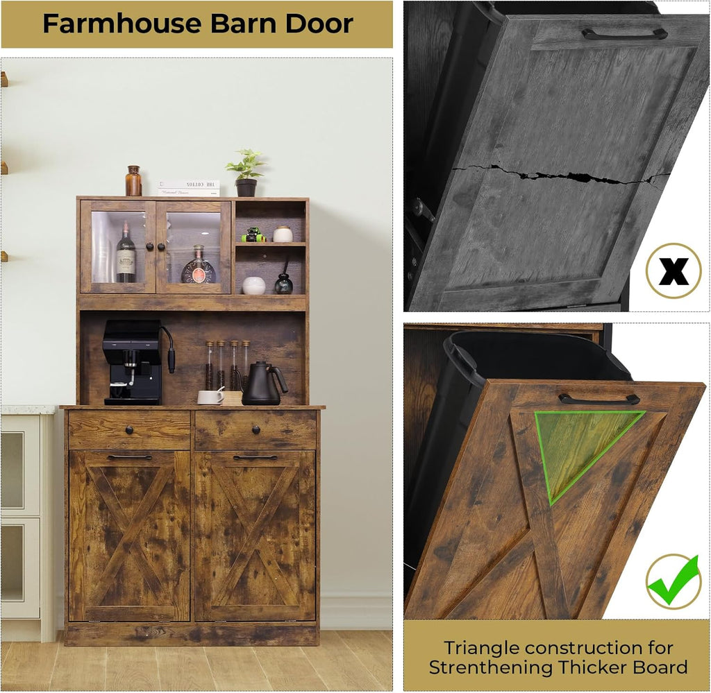 Arlopu Dual Tilt Out Trash&Storage Cabinet, Kitchen Sideboard Cupboard W/Pet Proof 10X2 Gal Hidden Garbage Holder, Freestand Laundry Sort Cabinet, W/Drawer, Shelves,Barn Door (Vintage Wood)