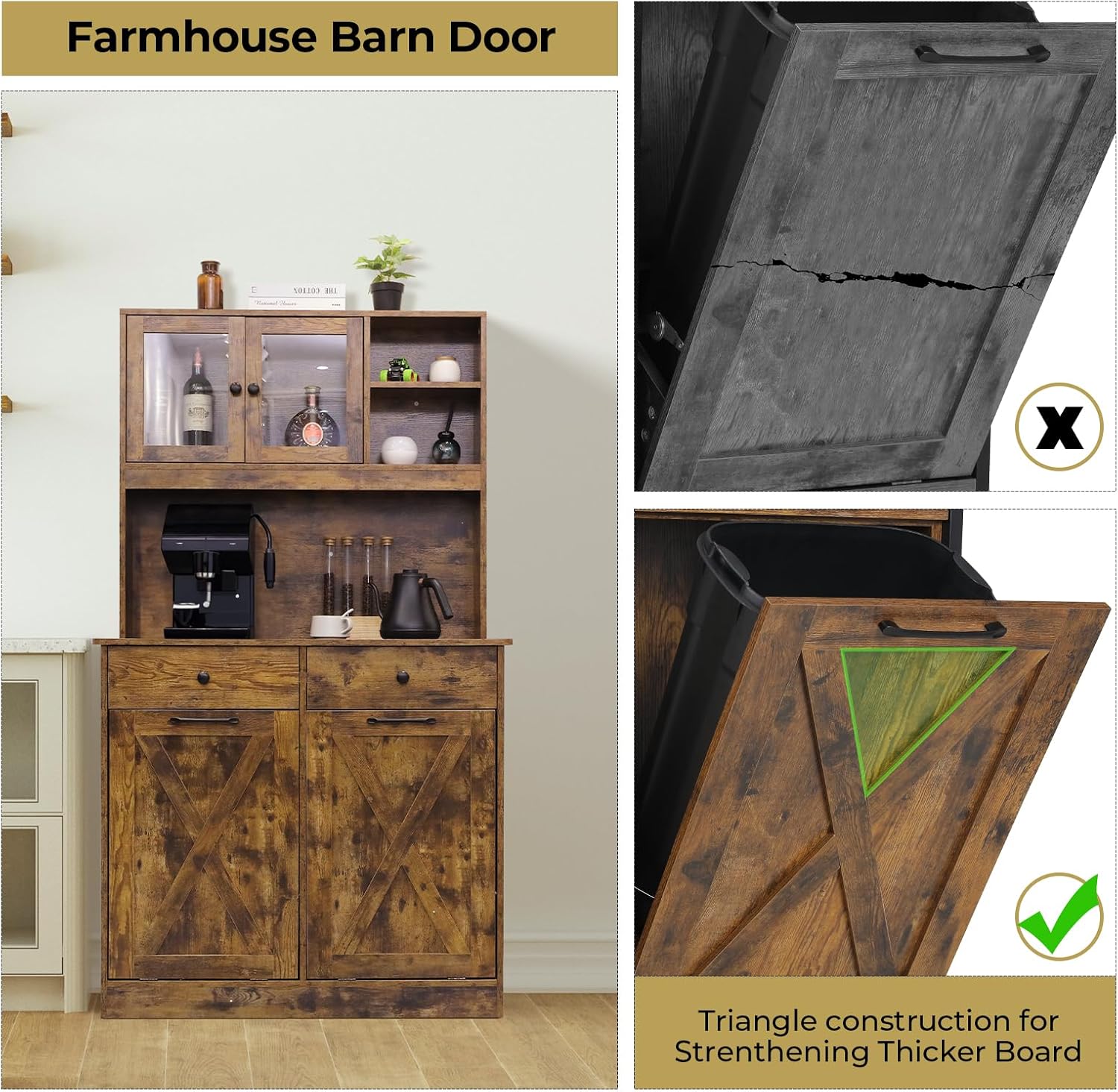 Arlopu Dual Tilt Out Trash&Storage Cabinet, Kitchen Sideboard Cupboard W/Pet Proof 10X2 Gal Hidden Garbage Holder, Freestand Laundry Sort Cabinet, W/Drawer, Shelves,Barn Door (Vintage Wood)