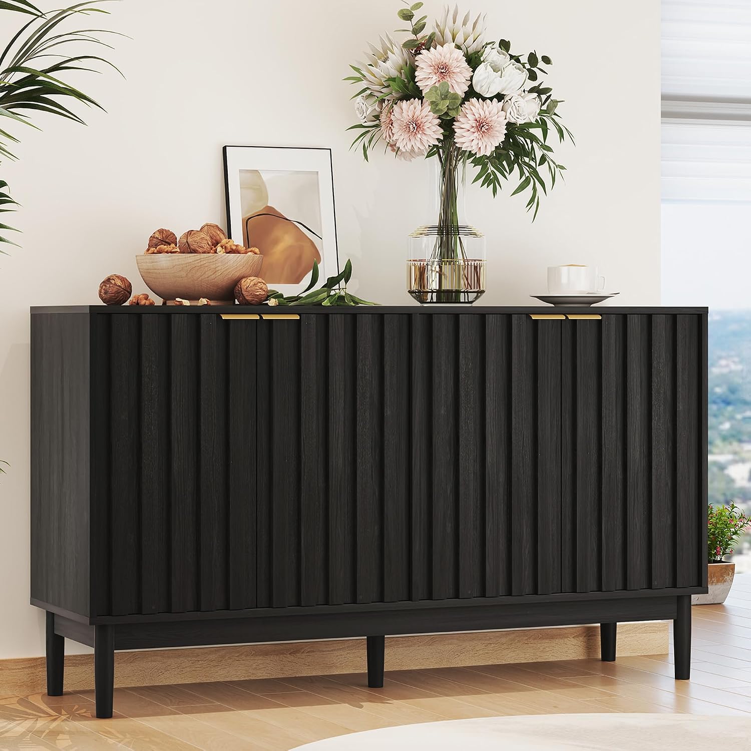 Otterease Fluted Cabinet with Storage, Small Buffet Cabinet Sideboard with Door, Kitchen Buffet Storage Accent Cabinets with Adjustable Shelves for Living Room, Entry, Hallway,Black