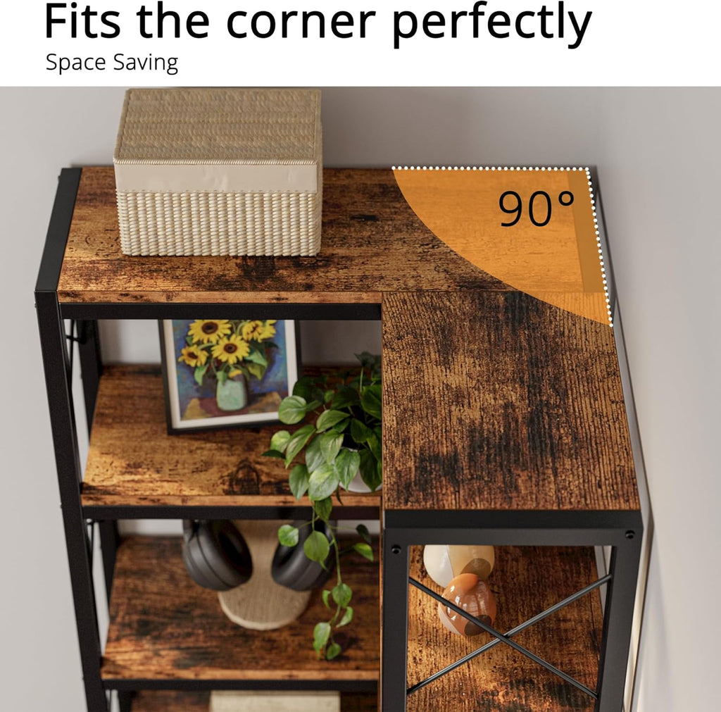 IRONCK Corner Bookshelf, 7-Tier Industrial Corner Bookcase, Tall Corner Shelf Storage Display Rack with Metal Frame for Living Room Home Office, Vintage Brown