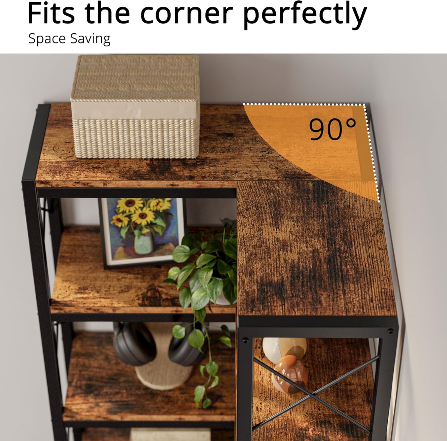 IRONCK Corner Bookshelf, 7-Tier Industrial Corner Bookcase, Tall Corner Shelf Storage Display Rack with Metal Frame for Living Room Home Office, Vintage Brown