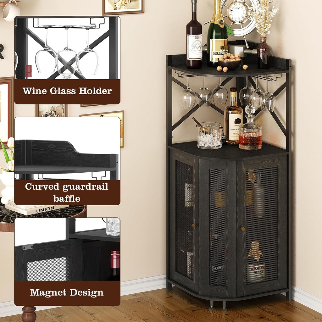 JKsmart Corner Bar Cabinet with LED Lights,4-Tier Wine Bar Cabinet with Glass Holder,Industrial Liquor Cabinet with Door and Shelf,Farmhouse Home Bar for Liquor Wine Coffee Storage,Black