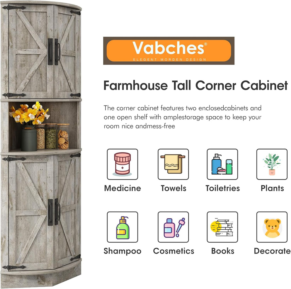 Vabches 64.8' Tall Farmhouse Corner Cabinet with 4 Doors and 5 Storage Shelves, Farmhouse Storage Cabinet with Barn Door Design, Home Space Saver for Living Room, Kitchen, Laundry Room,Grey