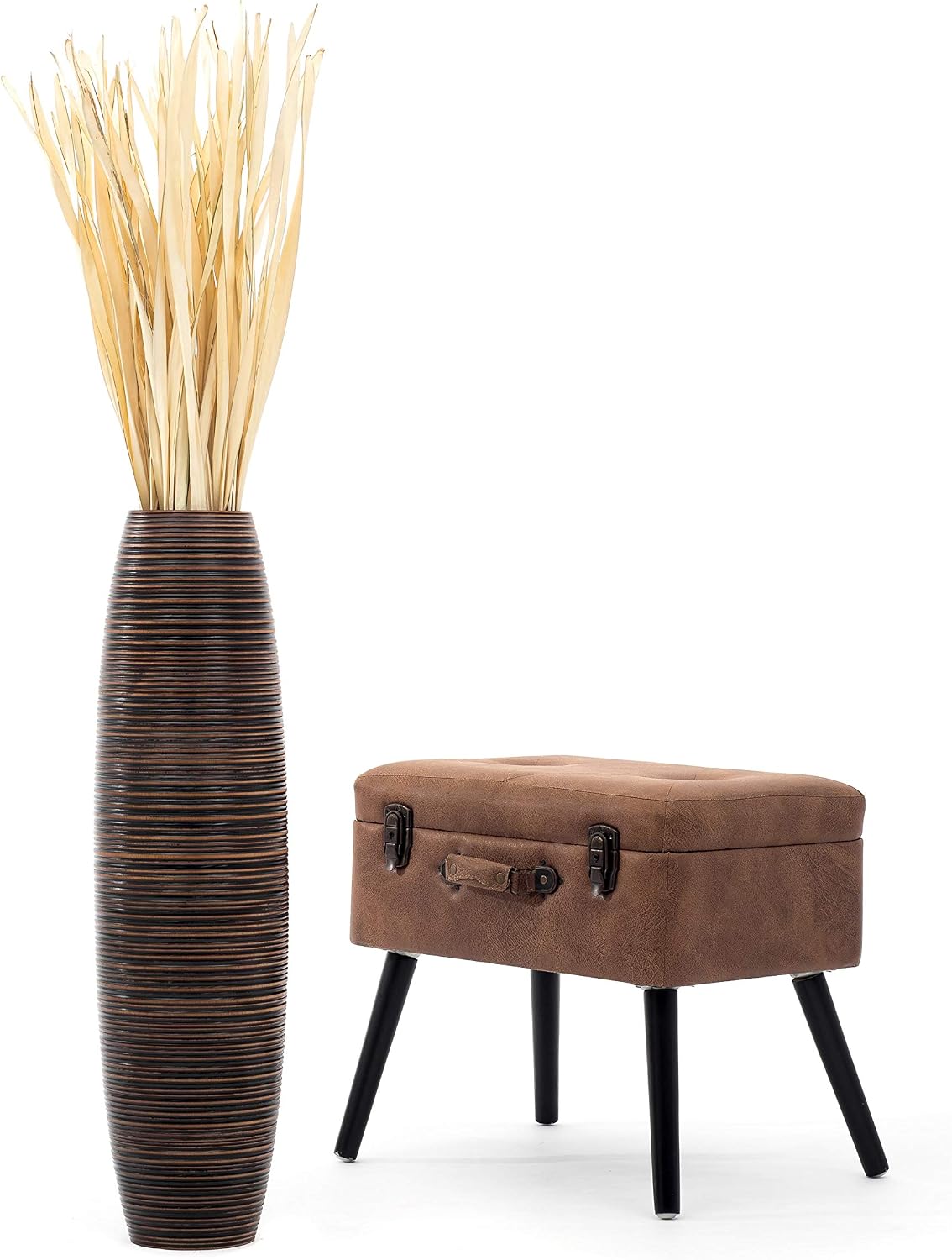 Leewadee Large Brown Home Decor Floor Vase - Wooden 26 inch Tall Farmhouse Decor Flower Holder for Fake Plant and Pampas Grass