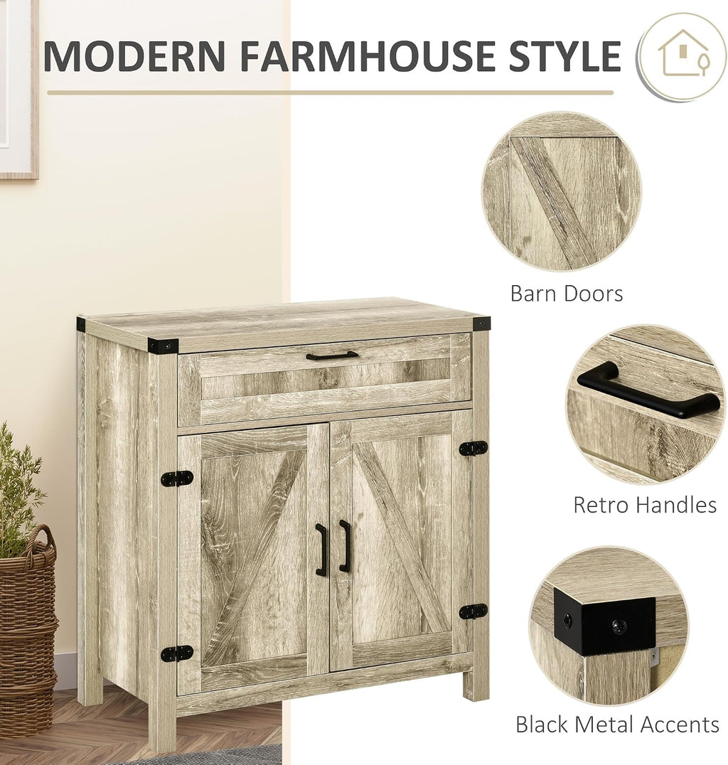 HOMCOM Sideboard with Storage Drawer, Modern Farmhouse Kitchen Cabinet with 2 Barn Doors, Coffee Bar Cabinet, Oak