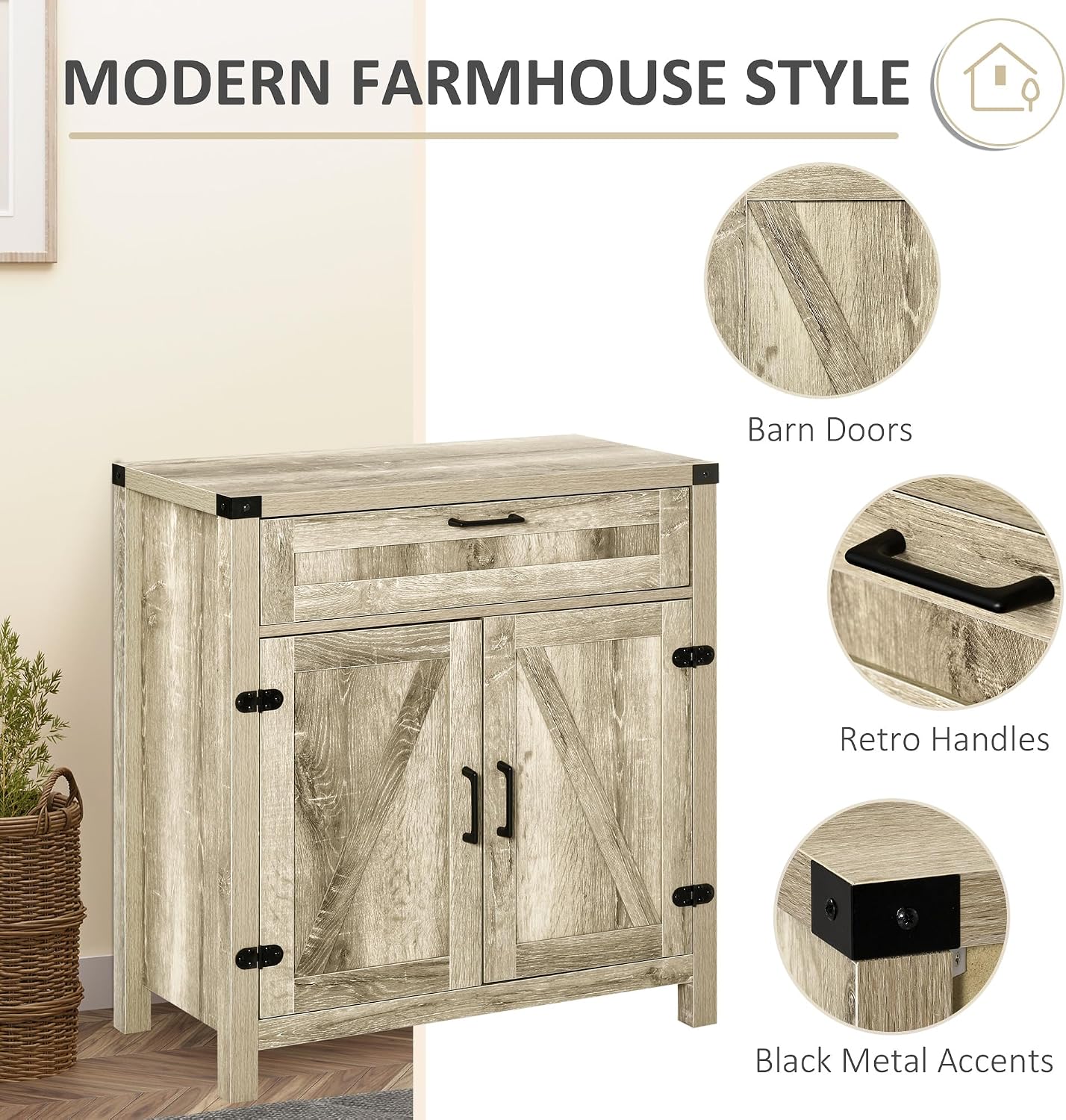 HOMCOM Sideboard with Storage Drawer, Modern Farmhouse Kitchen Cabinet with 2 Barn Doors, Coffee Bar Cabinet, Oak