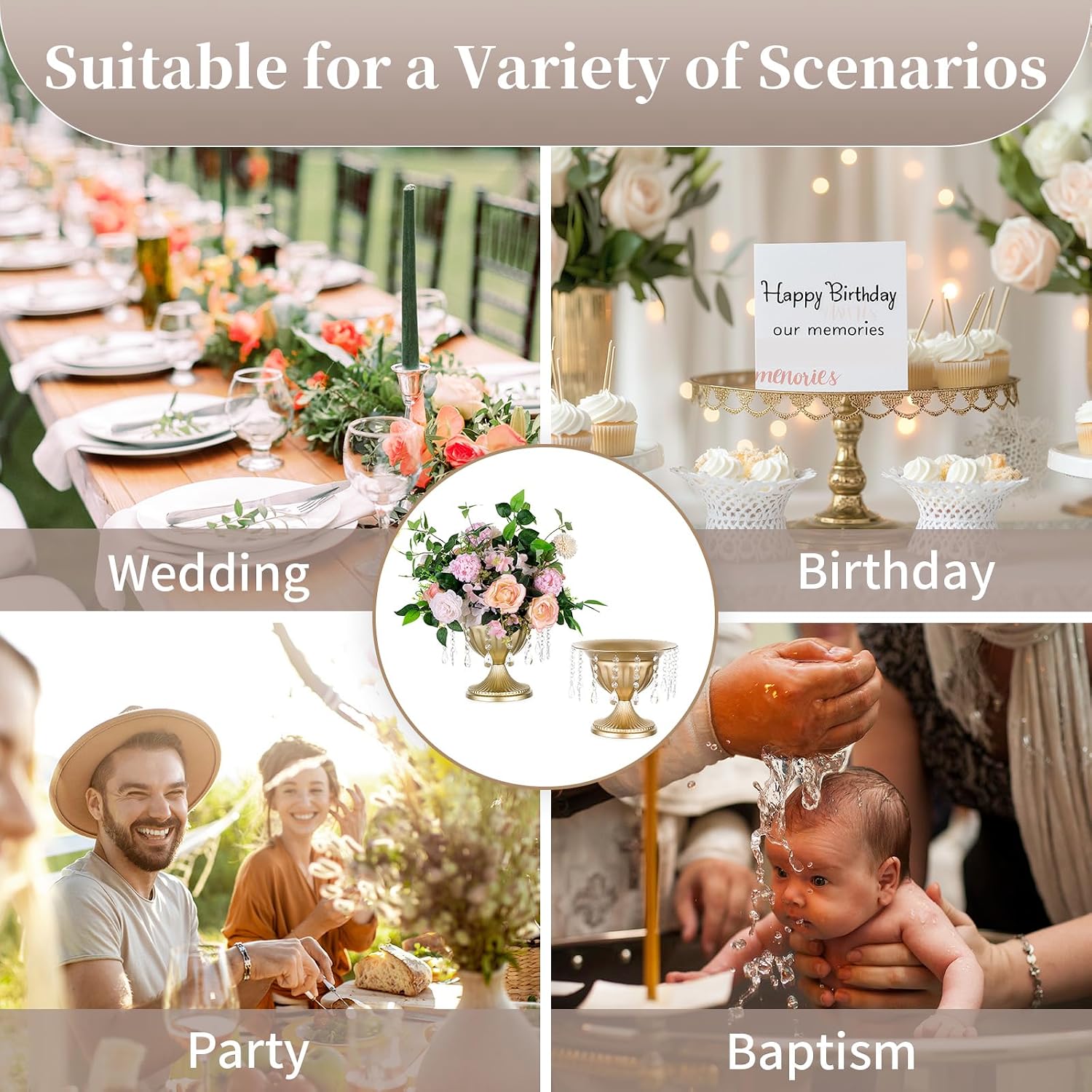 Sziqiqi Gold Urn Vase for Wedding: 8.6in Large Compote Vases Centrepieces with Crystal Beads for Table Decorations - Set of 10 Metal Urn Vases for Flower Arrangement Bowl Vase for Party Anniversary