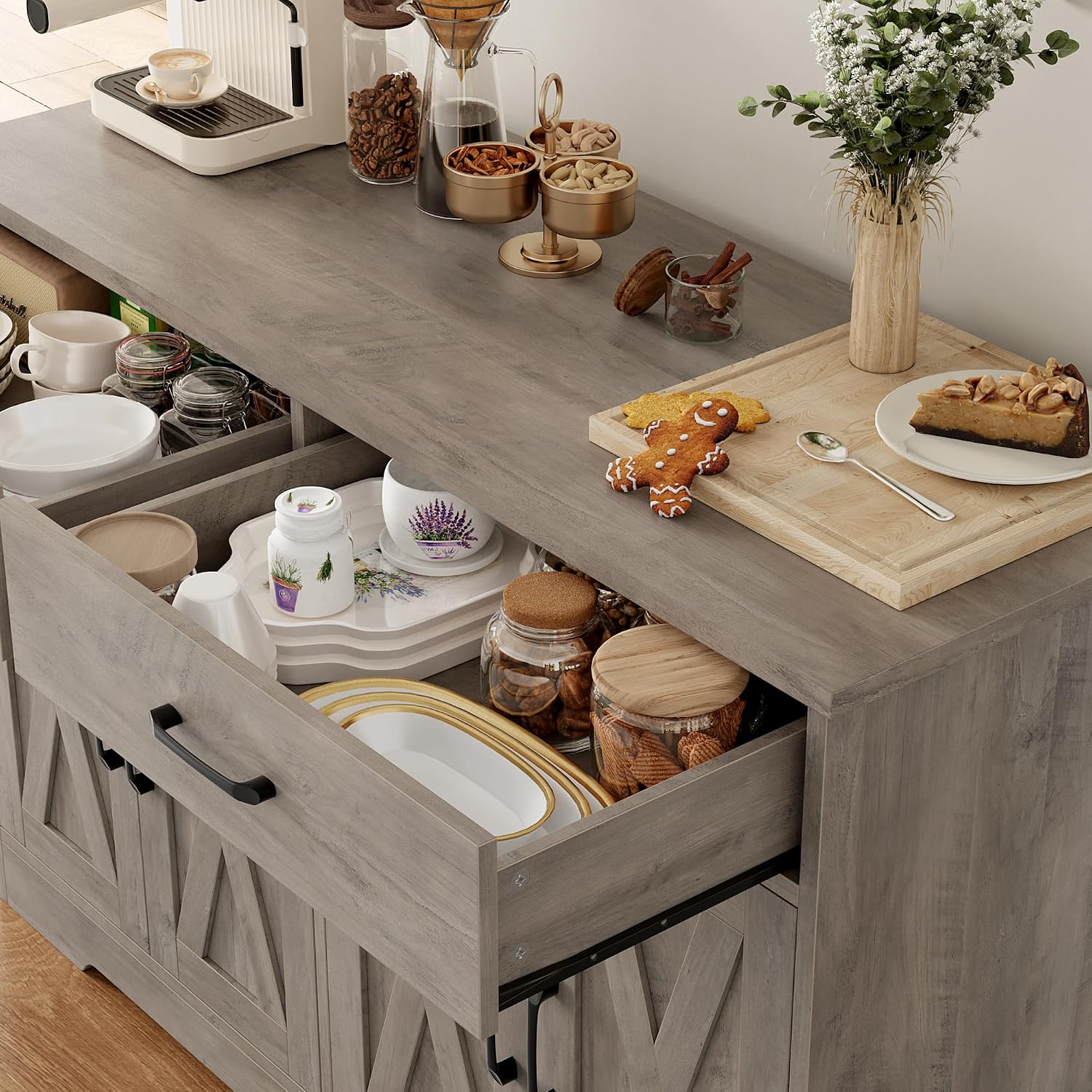 HOSTACK Buffet Cabinet with Storage, 47.2' Kitchen Sideboard Buffet with Drawers, Modern Farmhouse Coffee Bar Station with Shelves, Barn Doors Storage Cabinet for Living Room, Ash Grey