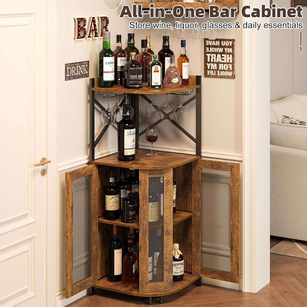 JKsmart Corner Bar Cabinet with LED Lights,Industrial Wine Cabinet with Glass Holder,4-Tier Wine Cabinet with Door and Shelf,Farmhouse Home Bar for Liquor Wine Coffee Storage,Rustic Brown