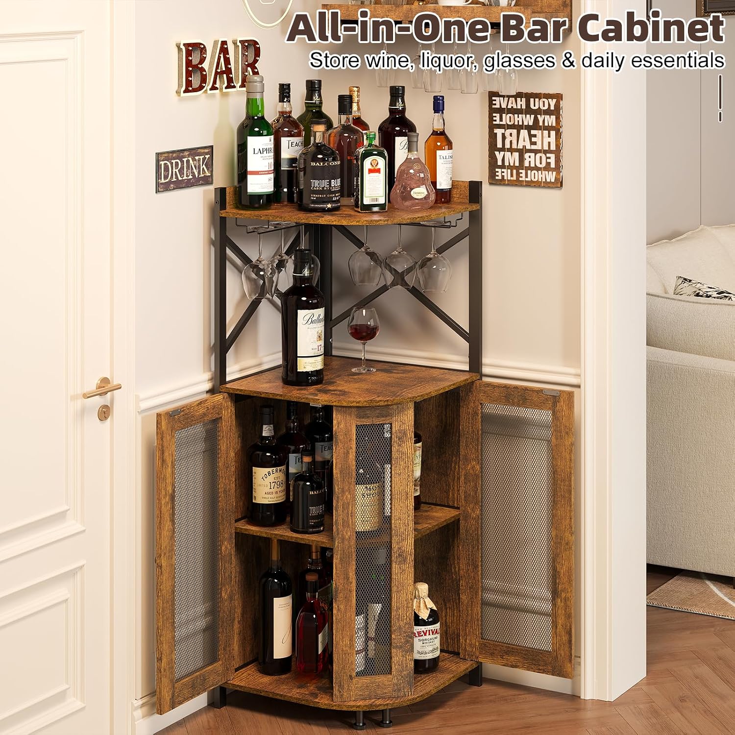 JKsmart Corner Bar Cabinet with LED Lights,Industrial Wine Cabinet with Glass Holder,4-Tier Wine Cabinet with Door and Shelf,Farmhouse Home Bar for Liquor Wine Coffee Storage,Rustic Brown