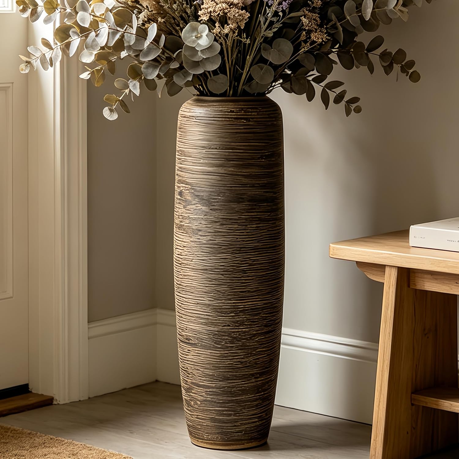 Vintage Ceramic Floor Vase – 23.6 Inch Distressed Glazed Oversized Floor Urn, Rustic Country Decor for Entryway, Living Room & Corner
