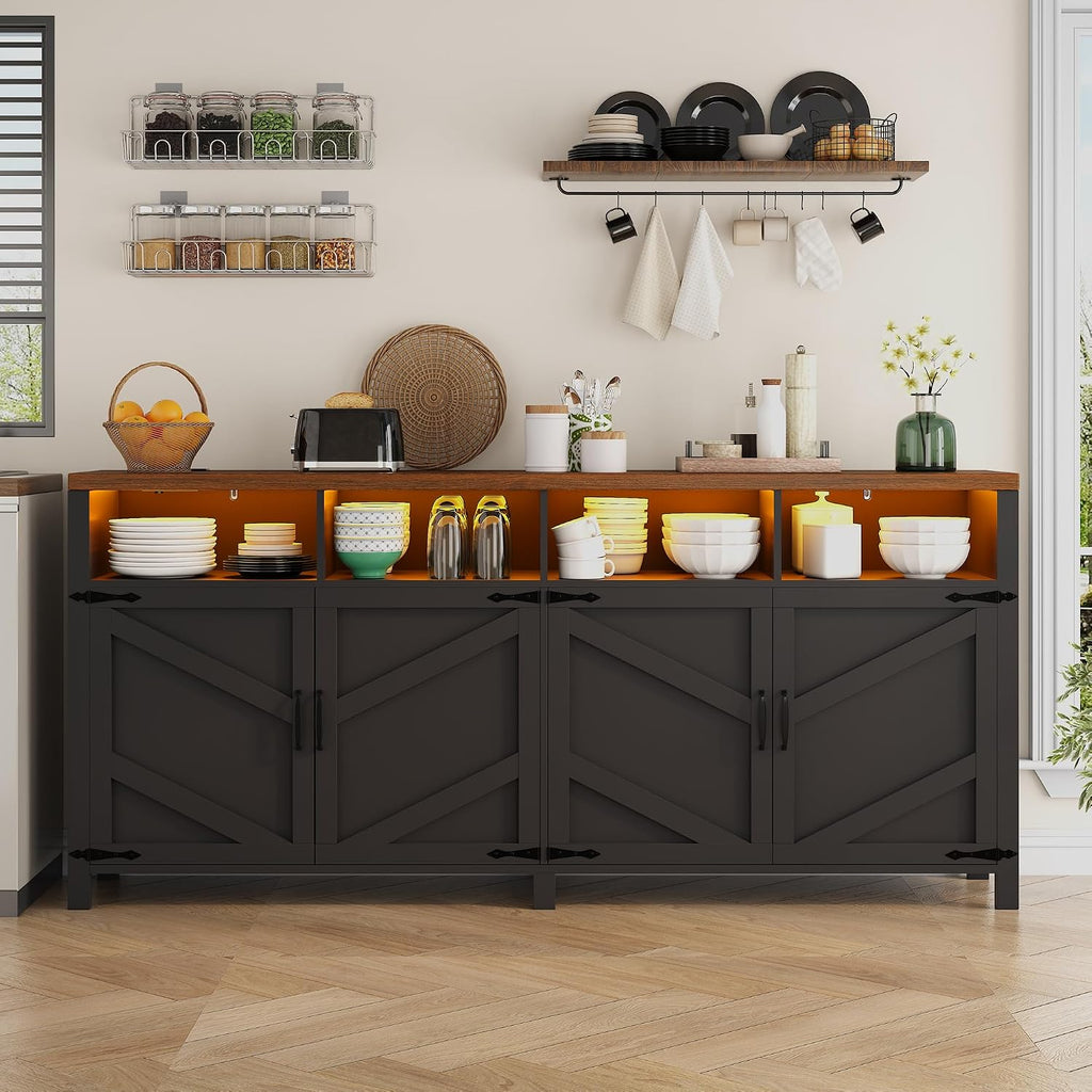 knoworld 63'' Buffet Sideboard with Storage with Power Outlets & LED Light 4 Doors, Large Farmhouse Kitchen Storage Cabinet Wood Coffee Bar Cabinet Buffet Table for Kitchen, Dining Room, Entryway