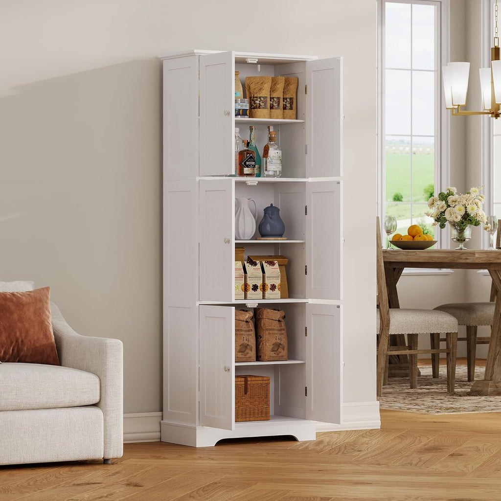 ChooChoo Tall Bathroom Storage Cabinet with 6 Doors, Freestanding Floor Cabinet with Adjustable Shelves, White Pantry Cabinet for Bathroom, Kitchen, Laundry Room