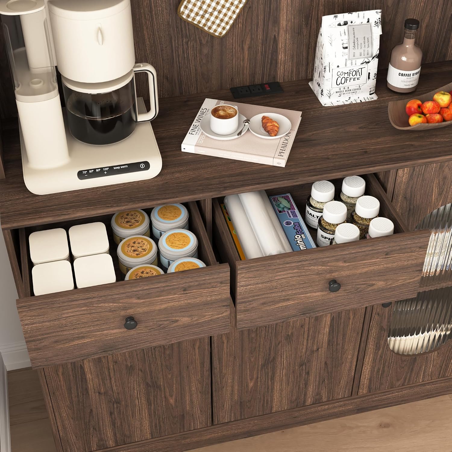 71' Tall Kitchen Pantry Storage Cabinet, Large Capacity Display Cabinet with Reeded Glass Doors and Microwave Stand, Bakers Racks with Storage for Kitchens, Pantry, Living Room