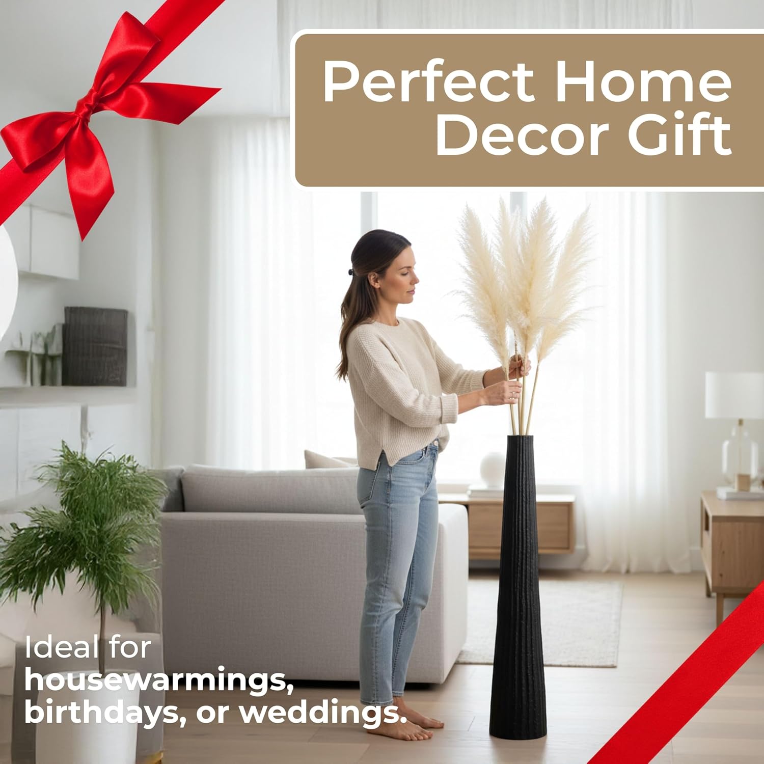 Aluminum Decorative Vase – Floor Flower Holder for Tall Arrangements, Entryway or Living Room Placement, Home Decor with Ribbed Modern Vase Design for Sculptural Impact – 48', Black