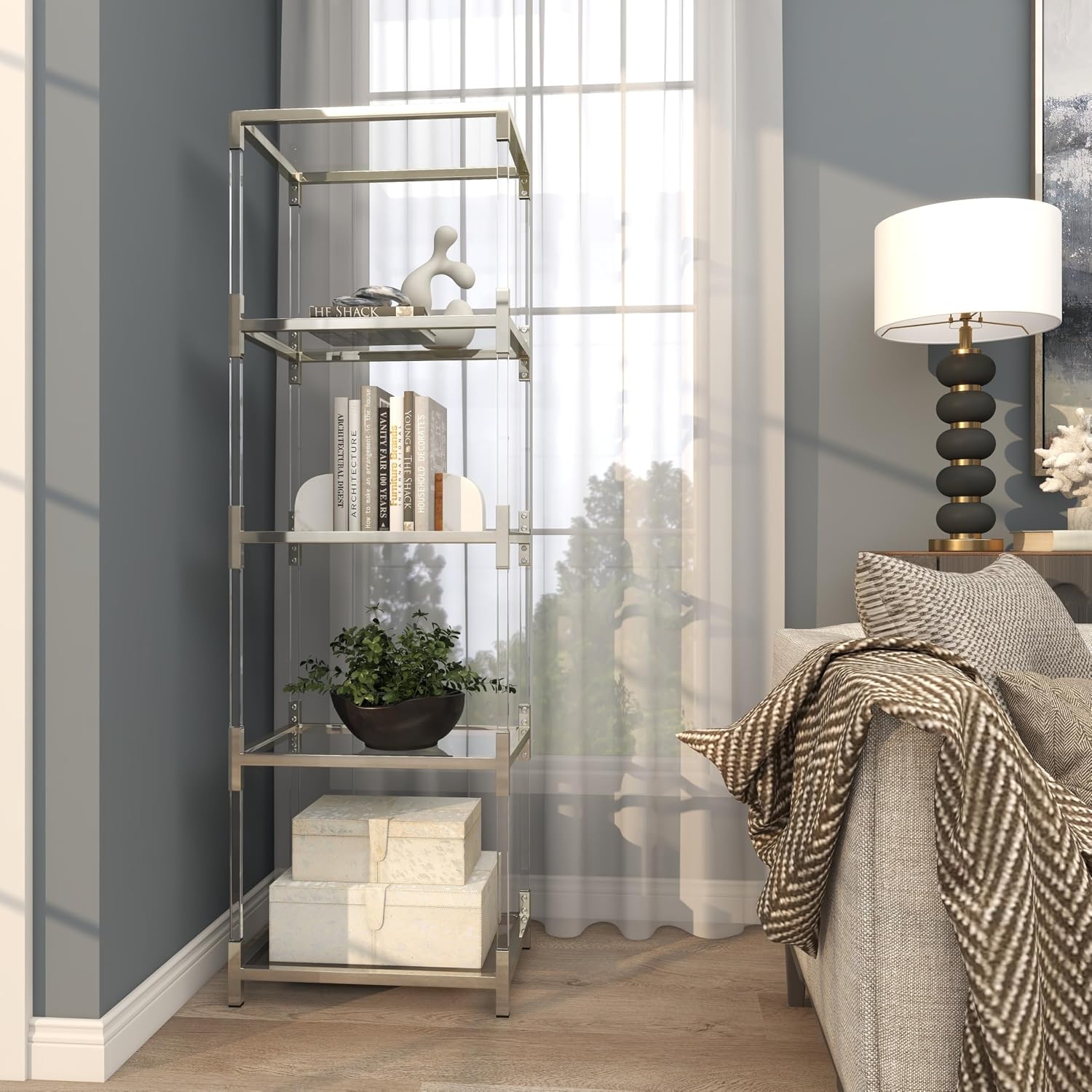 Deco 79 Acrylic Plastic Cube Shaped Shelving Unit with Silver Frame Supports, 22' x 16' x 70', Clear
