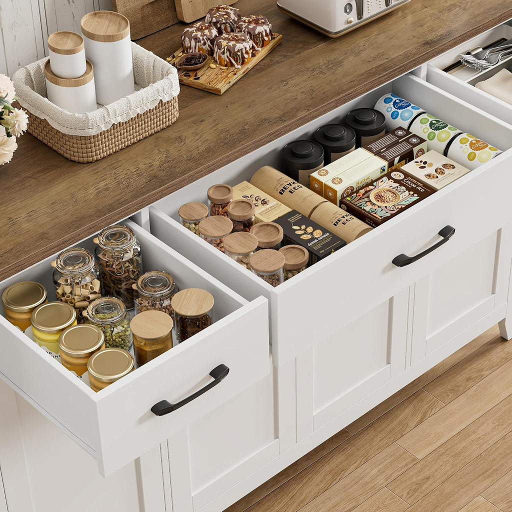 HORSTORS 55' Buffet Cabinet, Modern Farmhouse Sideboard Buffet with Drawers, Large Kitchen Storage Cabinet with Adjustable Shelves, Wood Coffee Bar for Kitchen, Dining Room, Living Room, White