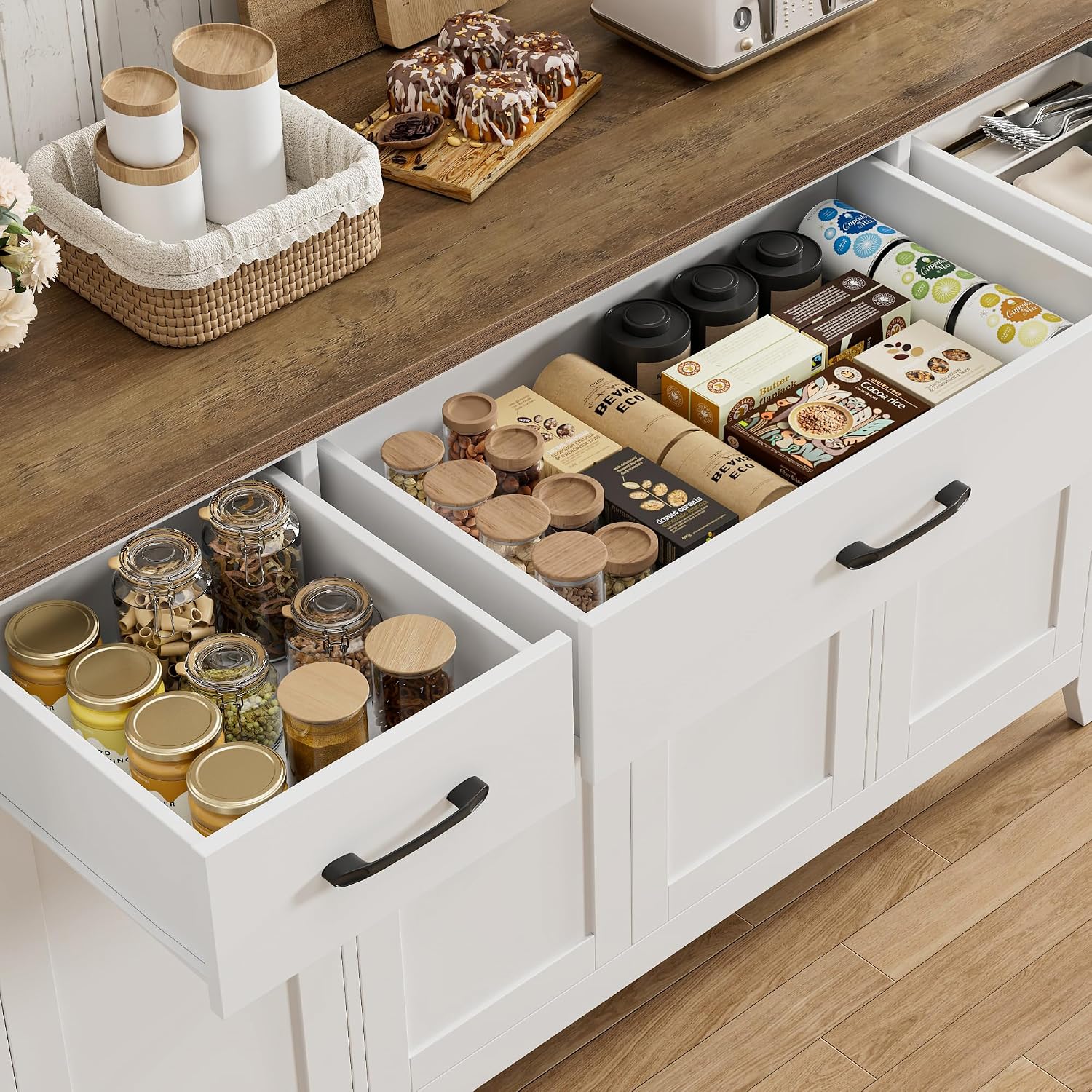 HORSTORS 55' Buffet Cabinet, Modern Farmhouse Sideboard Buffet with Drawers, Large Kitchen Storage Cabinet with Adjustable Shelves, Wood Coffee Bar for Kitchen, Dining Room, Living Room, White