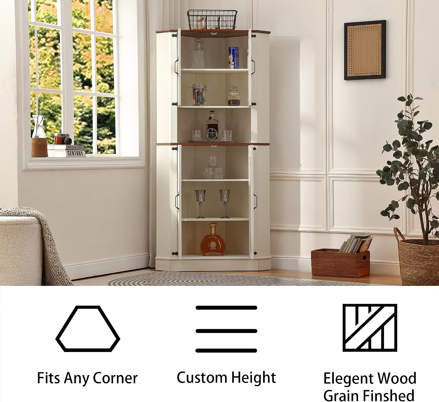 66.92'' Tall Corner Cabinet with Adjustable Shelves for Great Storage and Showcase,Storage Cabinet Double as Corner Liquor Cabinet with Hexagon Design for Livinng room,Kitchen and Bathroom,Off White