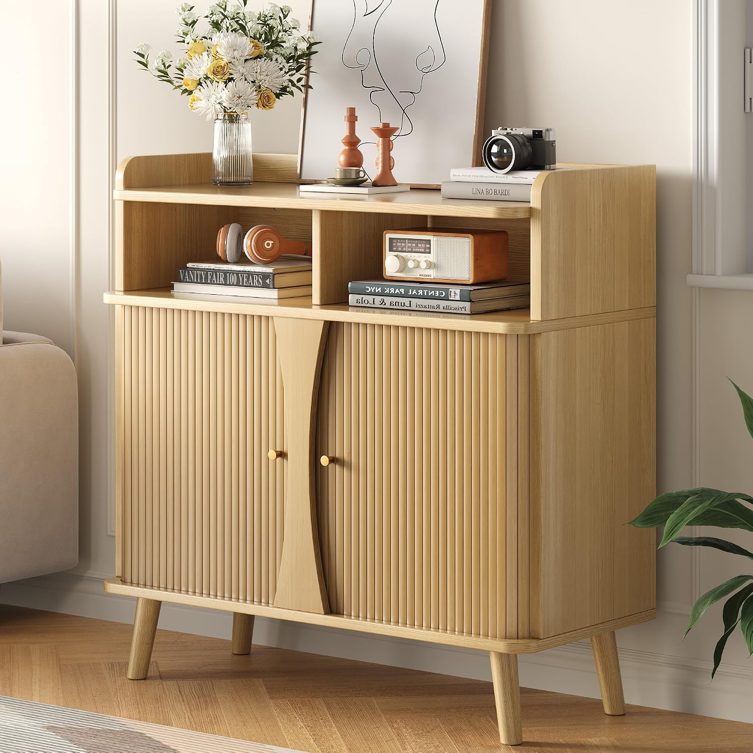 Decofy 39' Buffet Sideboard Cabinet, Mid Century Modern Console Cabinet with Roller Shutter Sliding Doors & Adjustable Shelves for Kitchen Cabinets, Living Room, Entryway, Coffee Bar Cabinet (Oak)