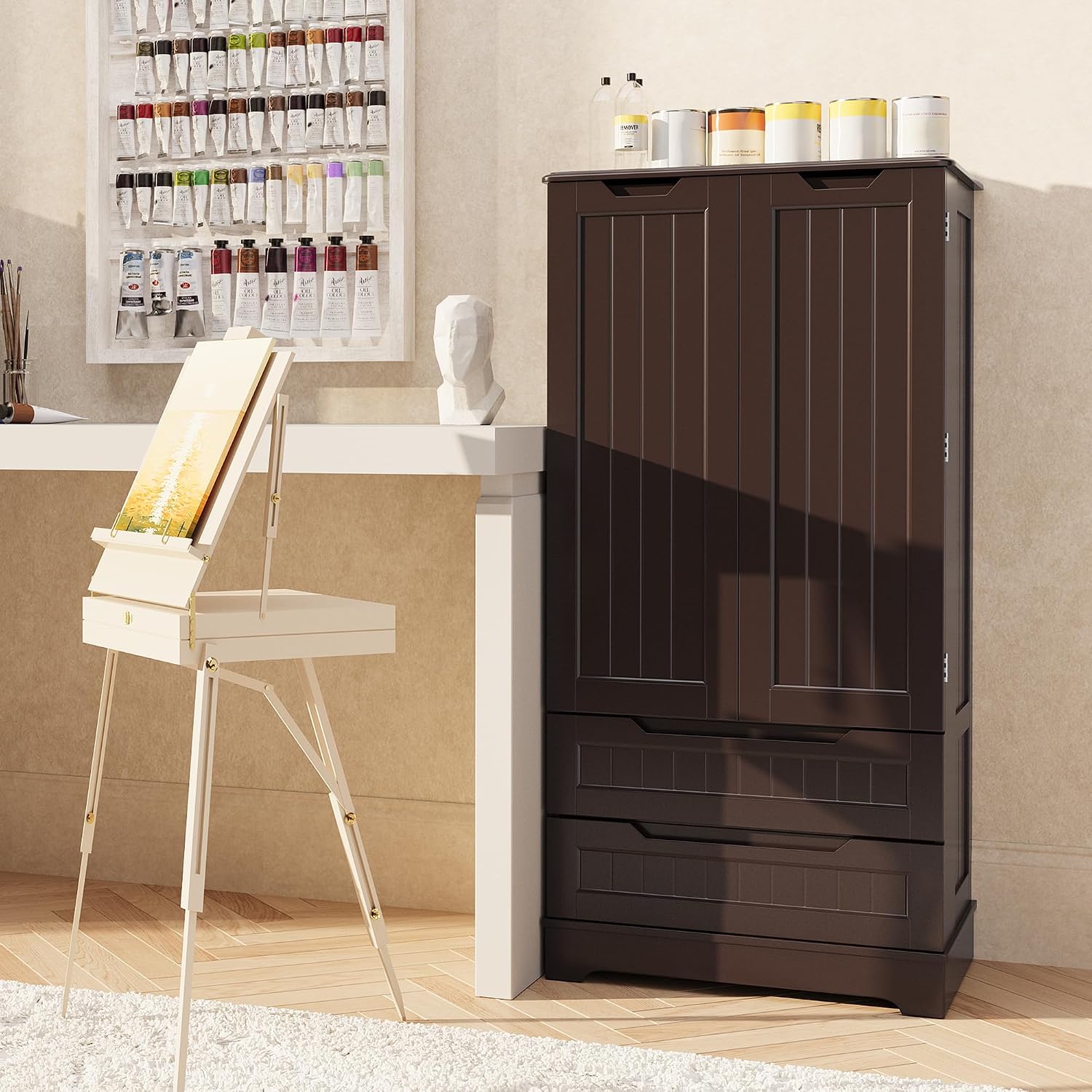 Gizoon Kitchen Pantry Cabinet with Drawers, 47' Small Food Pantry Storage Cabinet with 6 Door Shelves for Snack and Spice, Freestanding Craft Storage Cabinet for Craft Room, Dark Brown, Painted