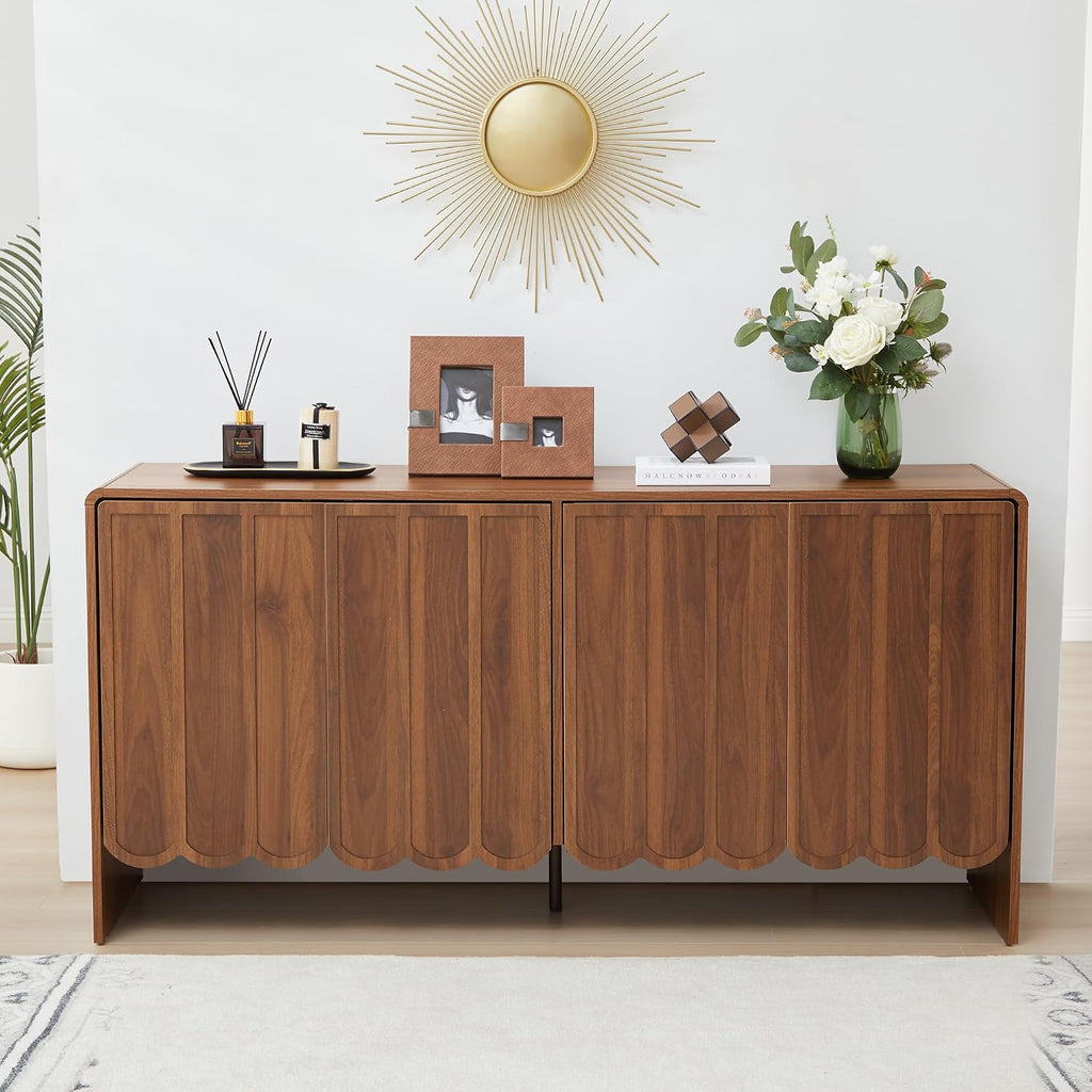 ORRD Sideboard Buffet Cabinet, Accent Storage Cabinets with 4 Doors, Farmhouse Wood Cabinet with Adjustable Shelves and Wave Panel for Living Room, Dining Room, Entry - Walnut