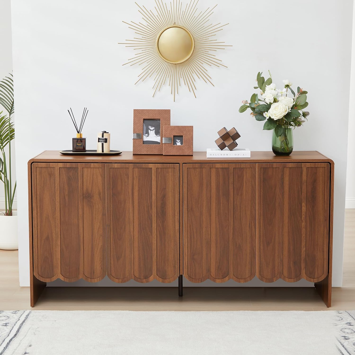 ORRD Sideboard Buffet Cabinet, Accent Storage Cabinets with 4 Doors, Farmhouse Wood Cabinet with Adjustable Shelves and Wave Panel for Living Room, Dining Room, Entry - Walnut