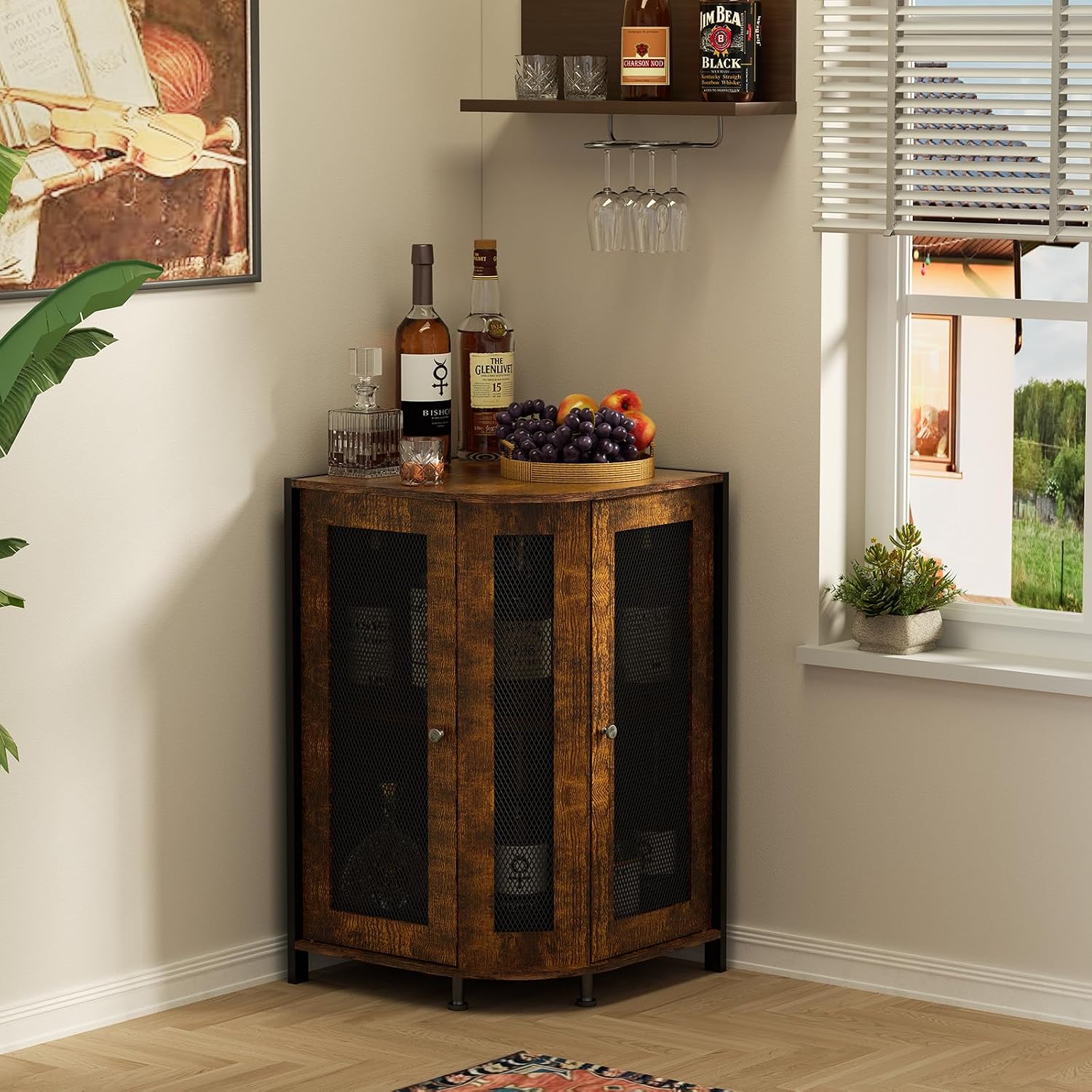 JKsmart Corner Storage Cabinet with Open Shelf, 3-Tier Industrial Wine Bar Shelf with Door, Industrial Corner Cabinet for Kitchen, Dining Room, Rustic Brown