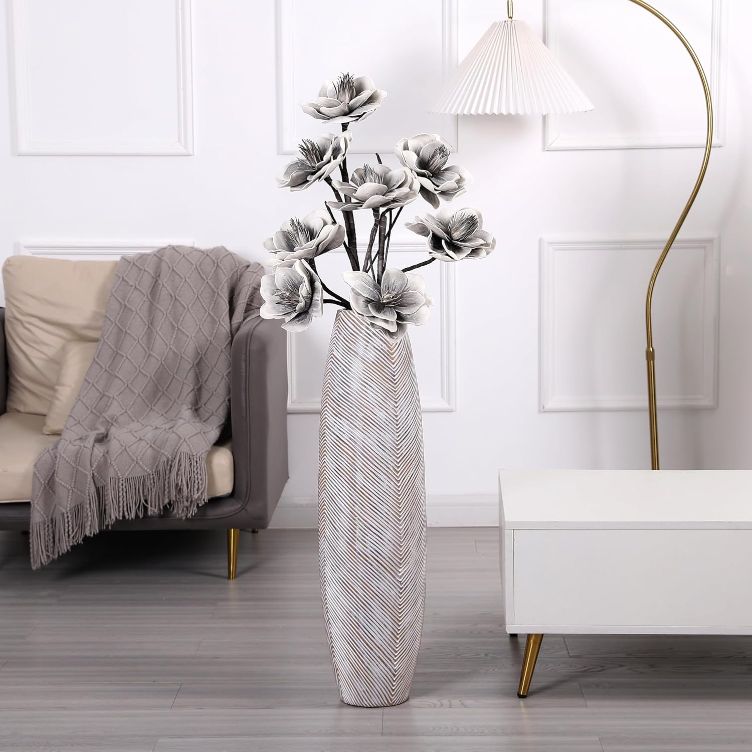 Leewadee Decorative Tall Floor Vase for Living Room Decor, 34 inches, White Wash, Resin