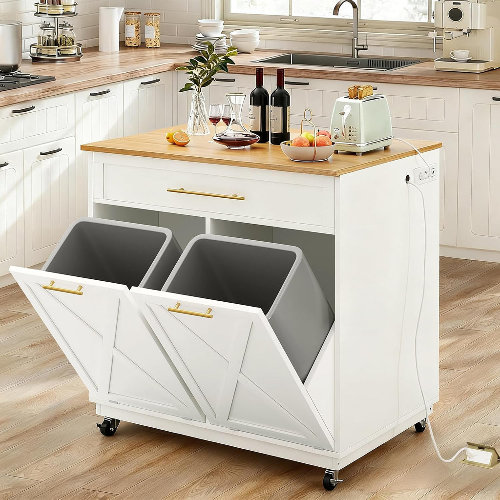 YITAHOME Mobile Storage Islands, Double Tilt Out Trash Cabinet with Power Outlet, Hidden Trash Cabinet Fit 20-Gallon Bin