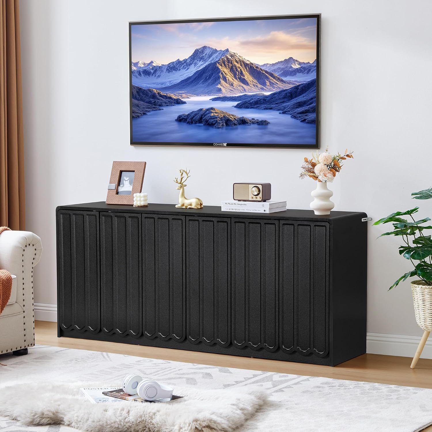 ORRD Sideboard Buffet Cabinet with Storage, Low Storage Cabinet Modern Wooden Accent Credenza Console Table TV Stand with 6 Wave Panel Doors for Kitchen Dining Living Room Entryway, Black