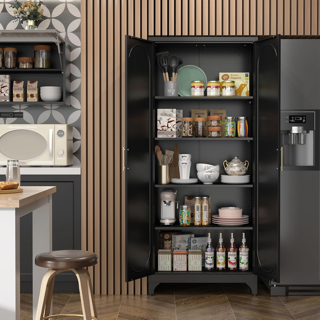 SteeLoong Kitchen Pantry Cabinet,75 Inch Black Metal Storage Cabinet with Door and Adjustable, Tall Pantry Cabinets for Kitchen Storage,Cupboard for Living Room,Dining Room and Bathroom