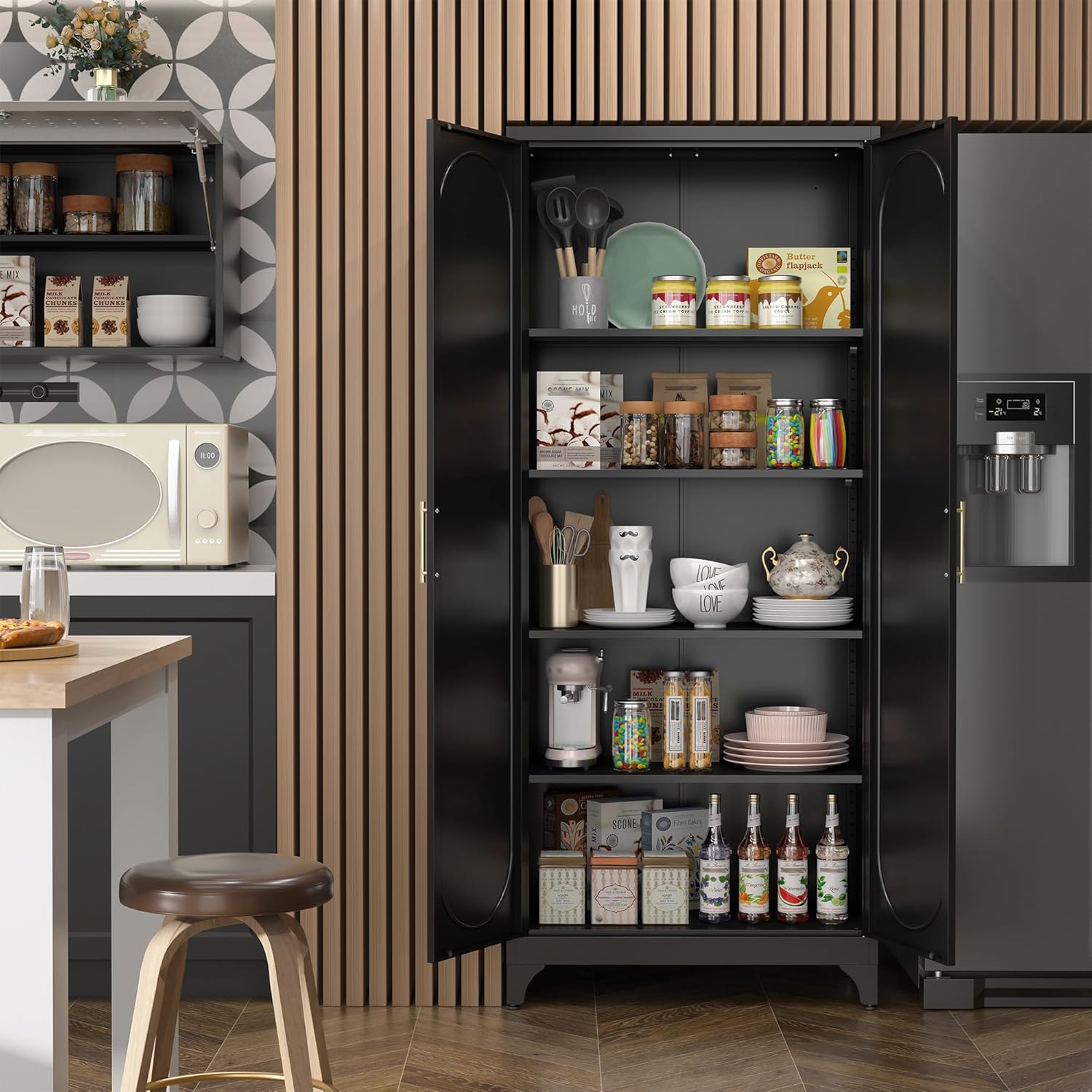 SteeLoong Kitchen Pantry Cabinet,75 Inch Black Metal Storage Cabinet with Door and Adjustable, Tall Pantry Cabinets for Kitchen Storage,Cupboard for Living Room,Dining Room and Bathroom