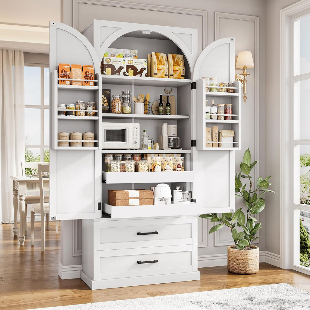 iPormis 71' Tall Kitchen Pantry Storage Cabinet w/Adjustable Shelf, Door Shelves & Large Drawers, Freestanding Kitchen Cupboard for Dining Room/Living Room, White