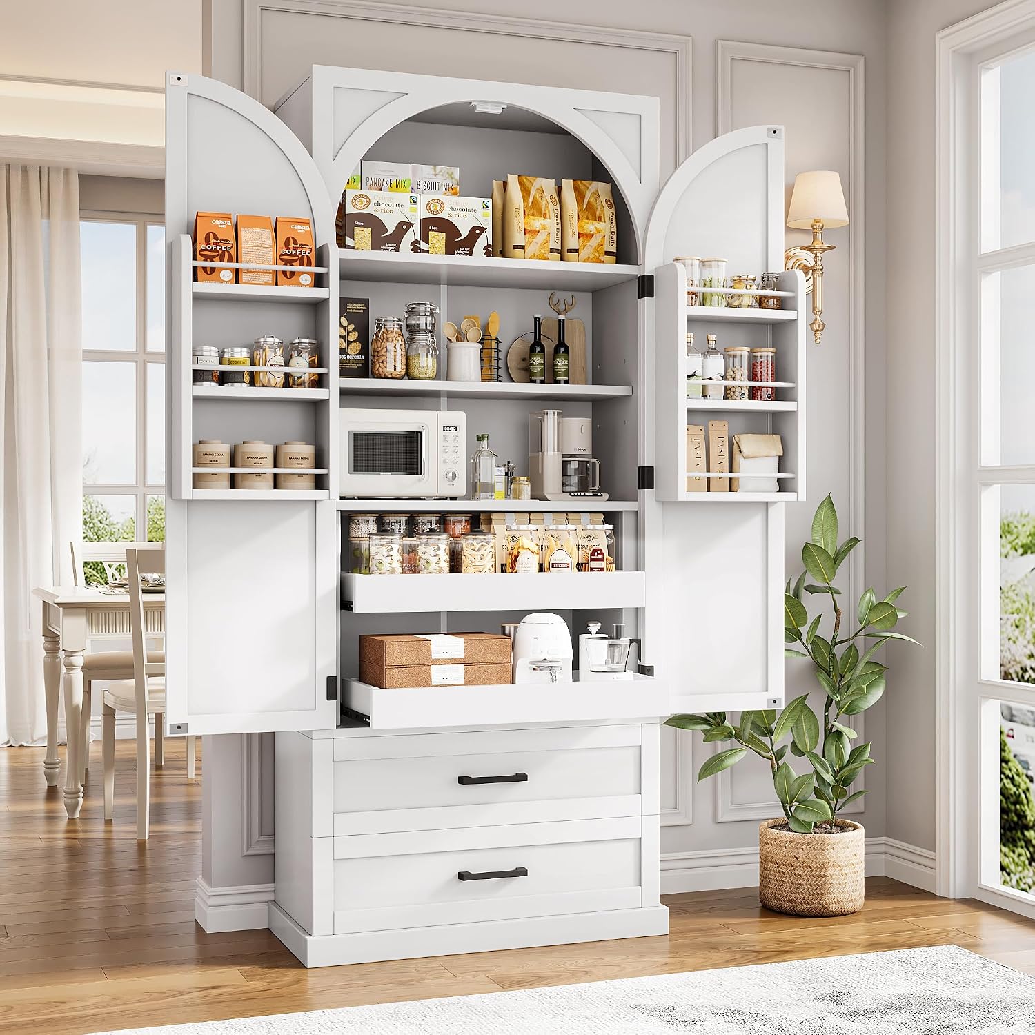 iPormis 71' Tall Kitchen Pantry Storage Cabinet w/Adjustable Shelf, Door Shelves & Large Drawers, Freestanding Kitchen Cupboard for Dining Room/Living Room, White