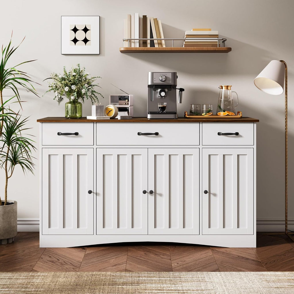 Gizoon Sideboard Buffet Cabinet with Storage, Modern Kitchen Sideboard and Coffee Bar with Drawers and Doors, Wood Buffet Table for Dining Room, 15.2' D x 55.1' W x 31.9' H, White/Rustic Brown