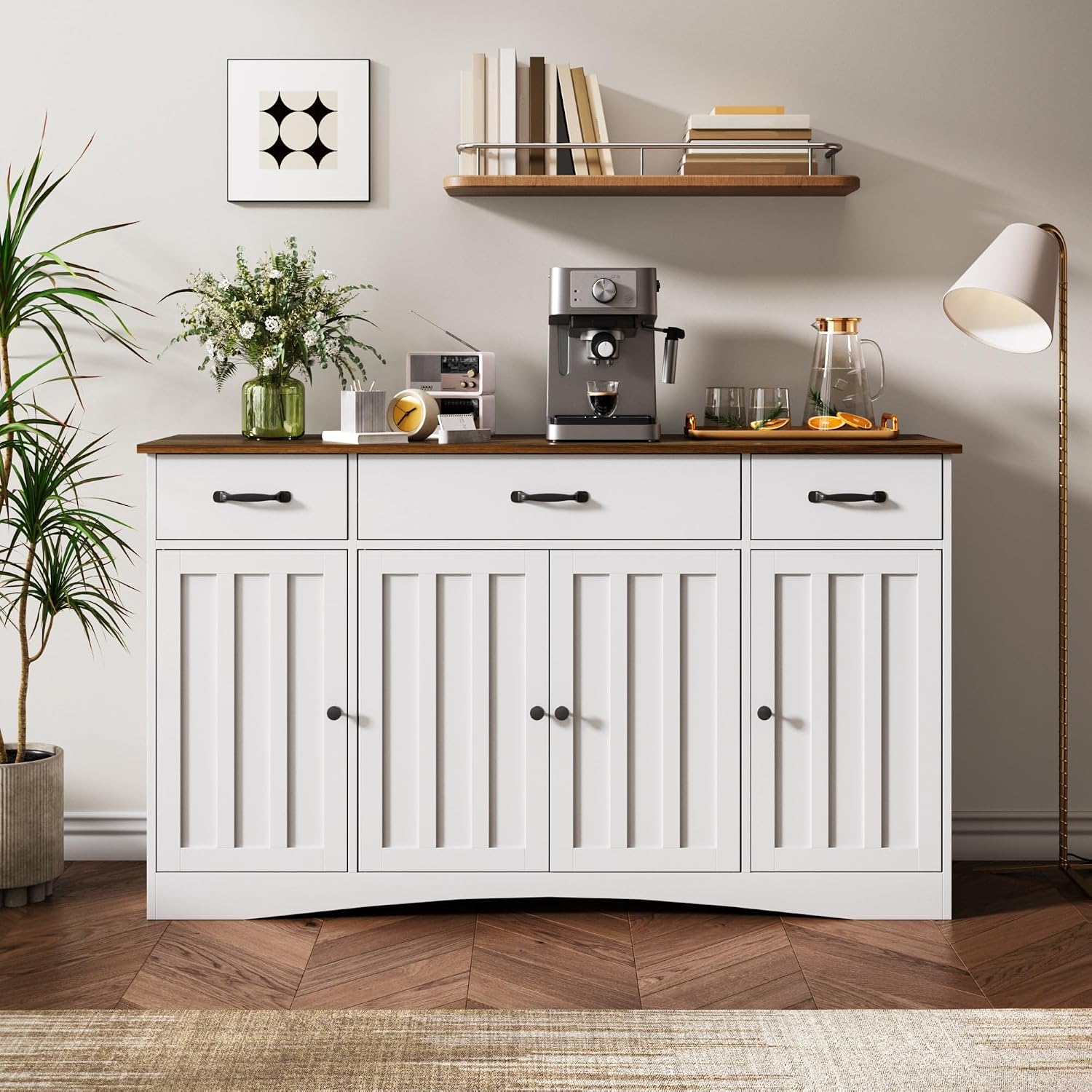 Gizoon Sideboard Buffet Cabinet with Storage, Modern Kitchen Sideboard and Coffee Bar with Drawers and Doors, Wood Buffet Table for Dining Room, 15.2' D x 55.1' W x 31.9' H, White/Rustic Brown