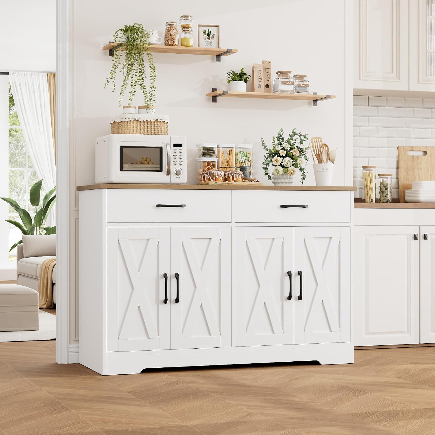 HOSTACK Buffet Cabinet with Storage, 47.2' Kitchen Sideboard Buffet with Drawers, Modern Farmhouse Coffee Bar Station with Shelves, Barn Doors Storage Cabinet for Living Room, White/Rustic Brown