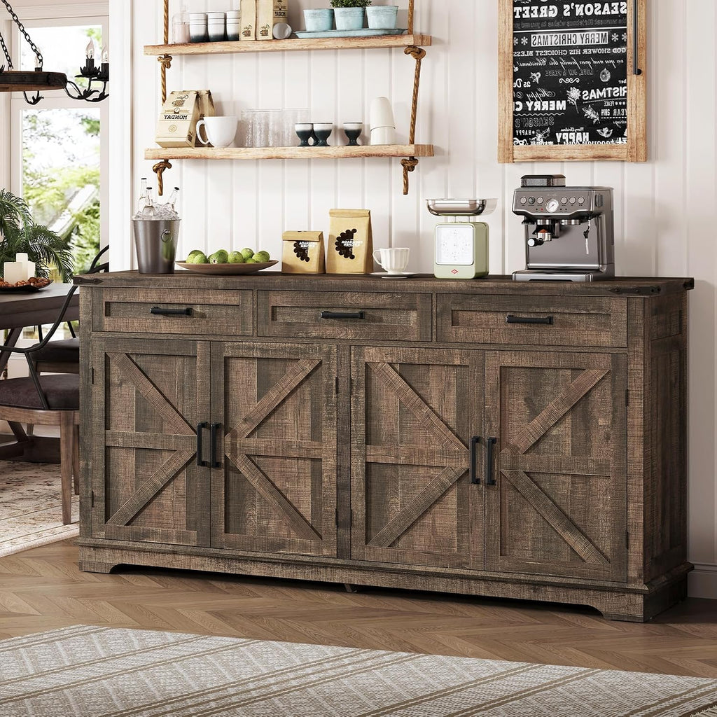 usikey Buffet Cabinet, 61' Large Sideboard Buffet Storage Cabinet with 3 Drawers, Farmhouse Coffee Bar with 4 Doors, Buffet Table for Kitchen, Living Room, Antique Oak