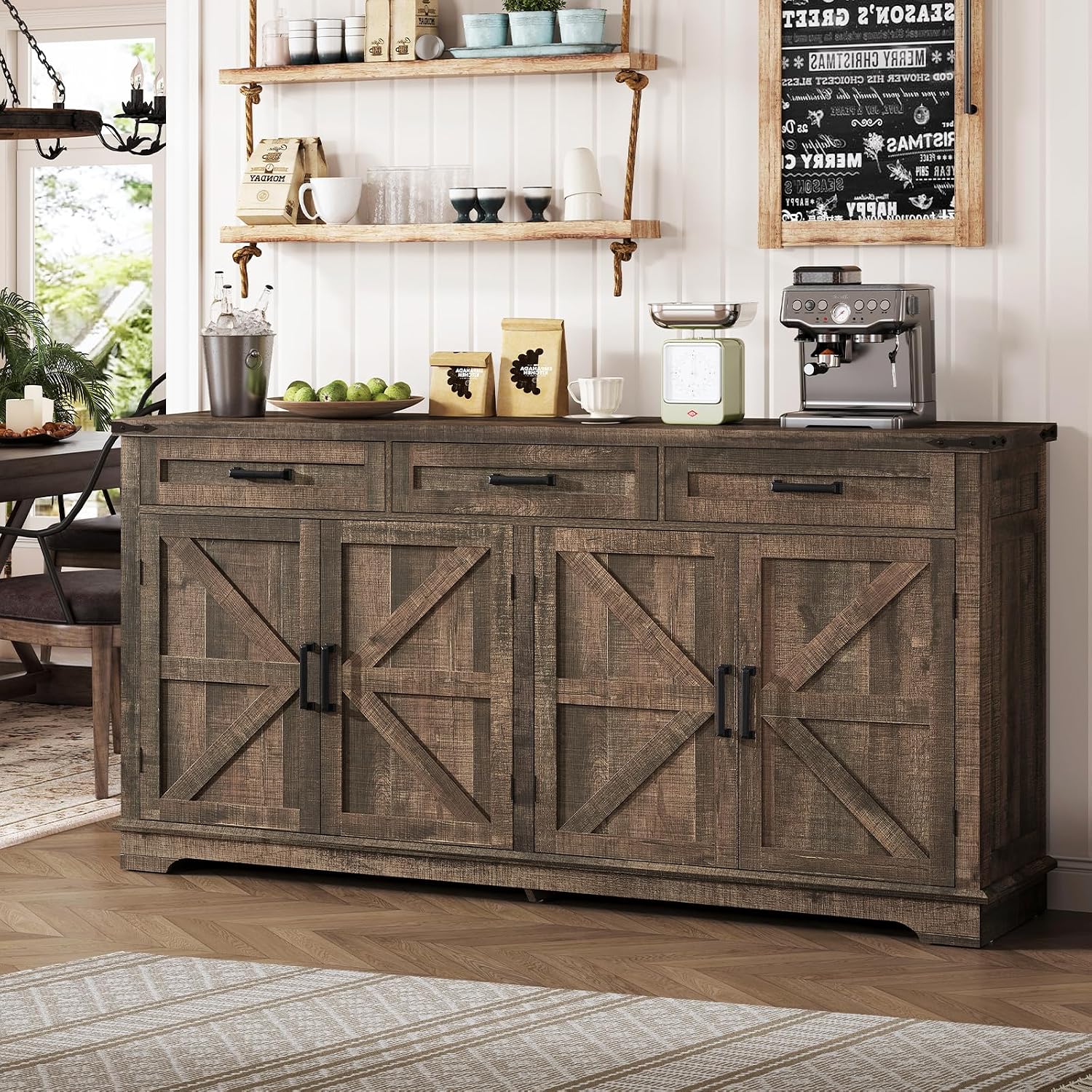 usikey Buffet Cabinet, 61' Large Sideboard Buffet Storage Cabinet with 3 Drawers, Farmhouse Coffee Bar with 4 Doors, Buffet Table for Kitchen, Living Room, Antique Oak