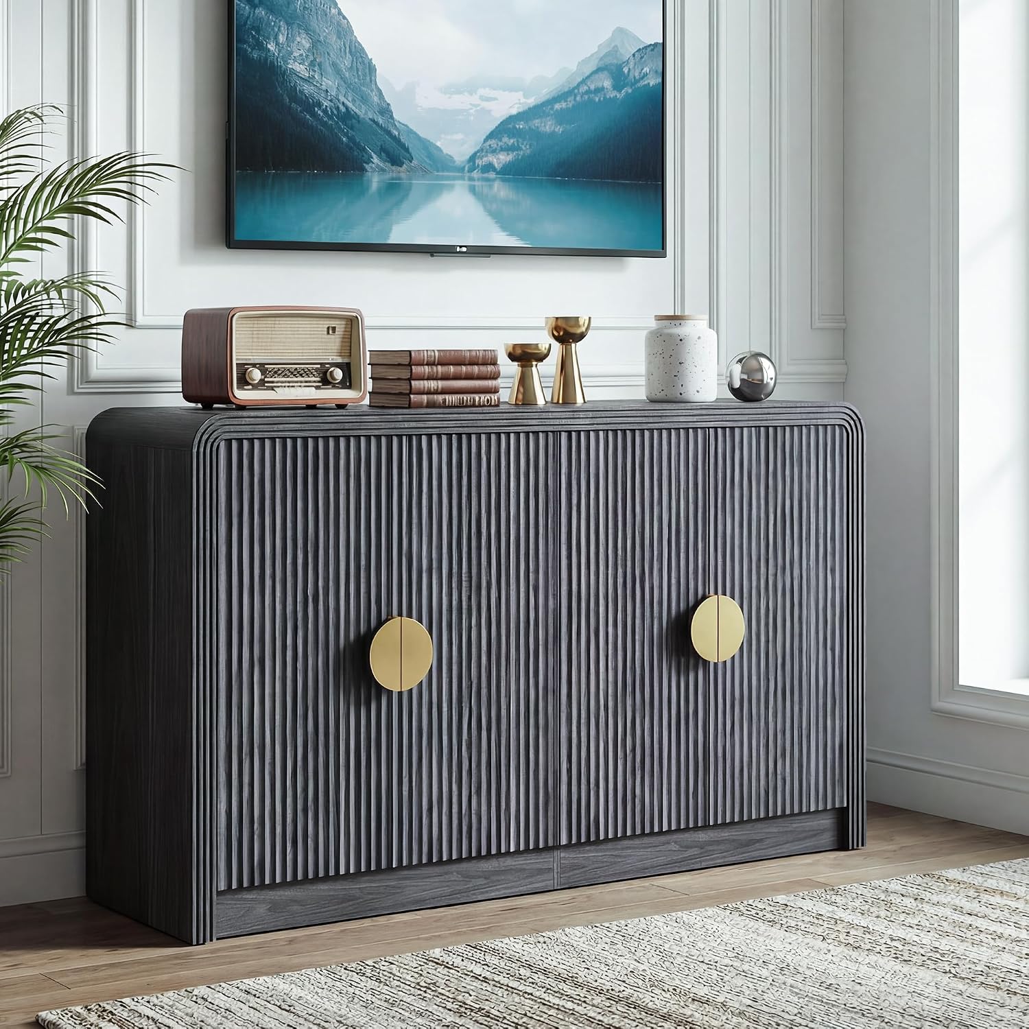 Decofy 55' Buffet Sideboard Cabinet, Mid Century Modern Console Cabinet with Wavy Grain Doors & Adjustable Shelves for Kitchen Cabinets, Living Room, Entryway, Coffee Bar Cabinet, Black Walnut