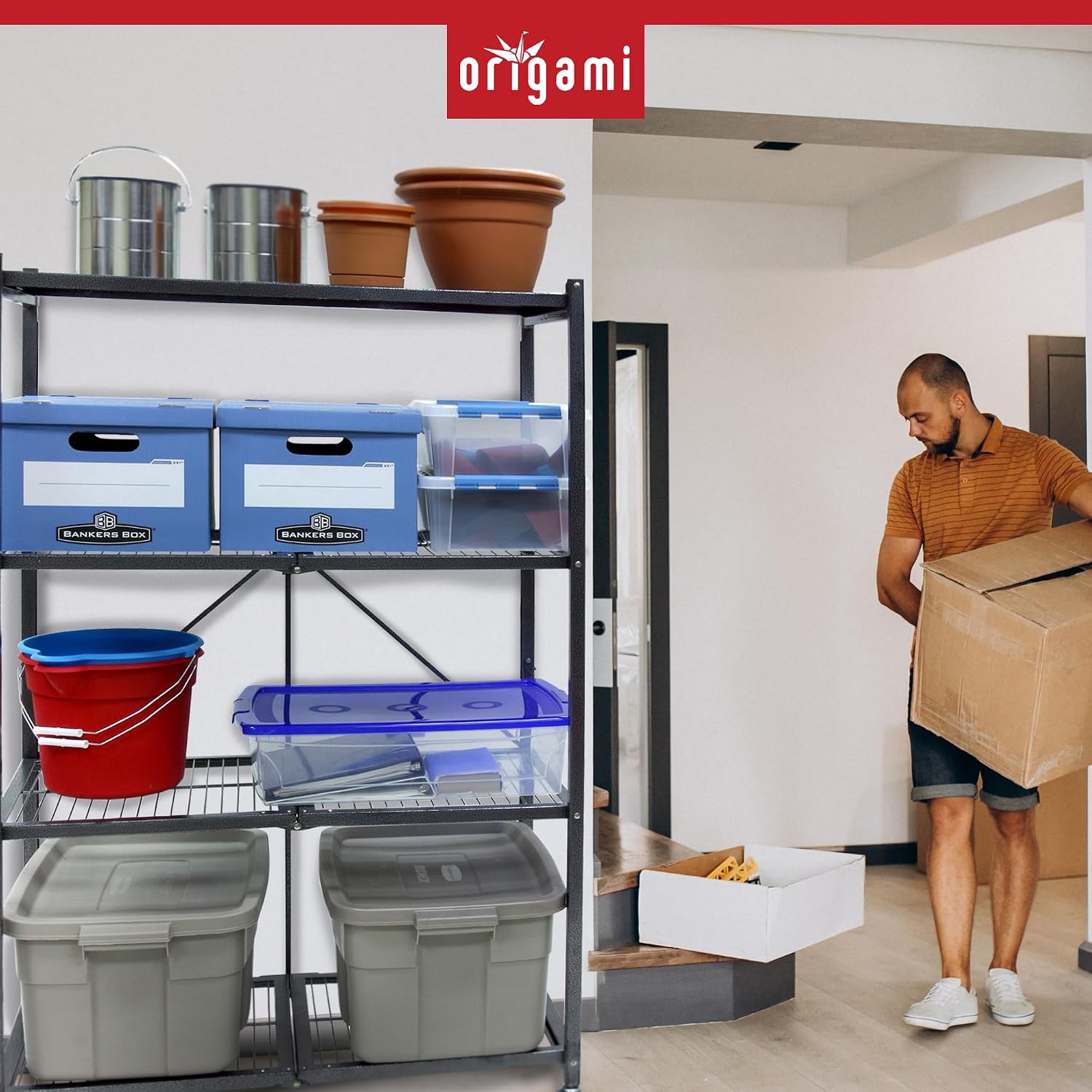 Origami 2-Pack R5 Series Foldable 4-Tier Steel Storage Rack, Pewter – Heavy-Duty Metal Shelving Unit w/ Removable Wheels for Laundry Room or Garage – Rolling Organizer for Home, Office & Warehouse