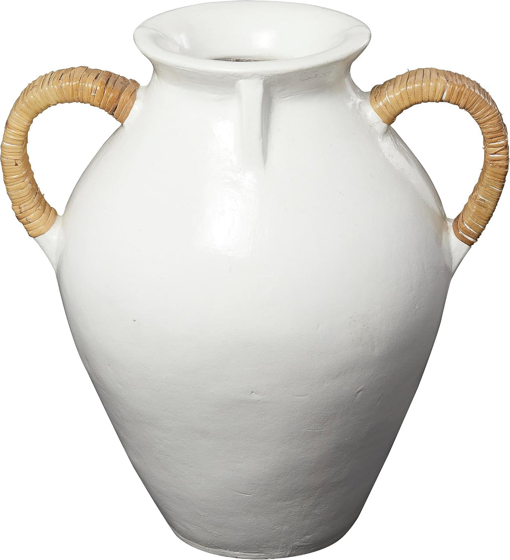Deco 79 Ceramic Decorative Vase Jug Inspired Centerpiece Vase with Rattan Wrapped Handles, Flower Vase for Home Decoration 17' x 13' x 19', White