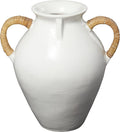 Deco 79 Ceramic Decorative Vase Jug Inspired Centerpiece Vase with Rattan Wrapped Handles, Flower Vase for Home Decoration 17' x 13' x 19', White