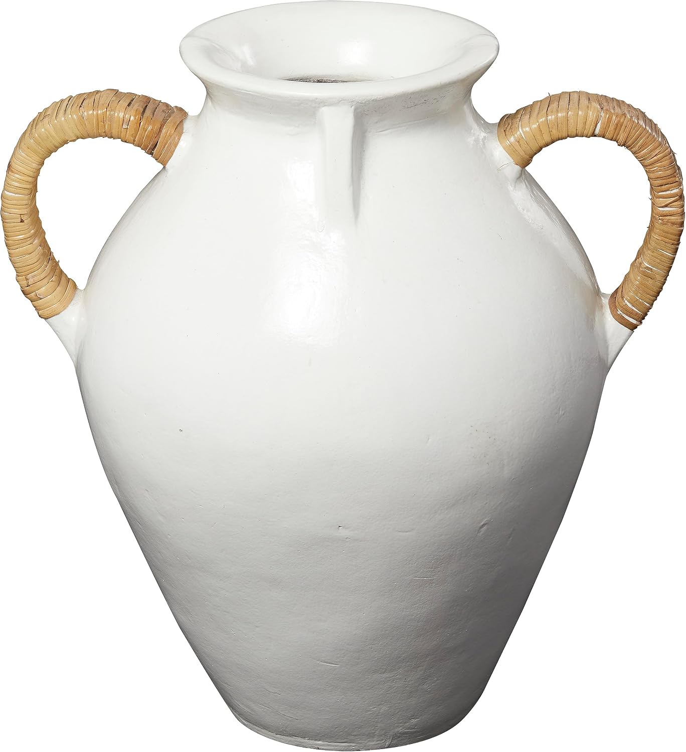 Deco 79 Ceramic Decorative Vase Jug Inspired Centerpiece Vase with Rattan Wrapped Handles, Flower Vase for Home Decoration 17' x 13' x 19', White