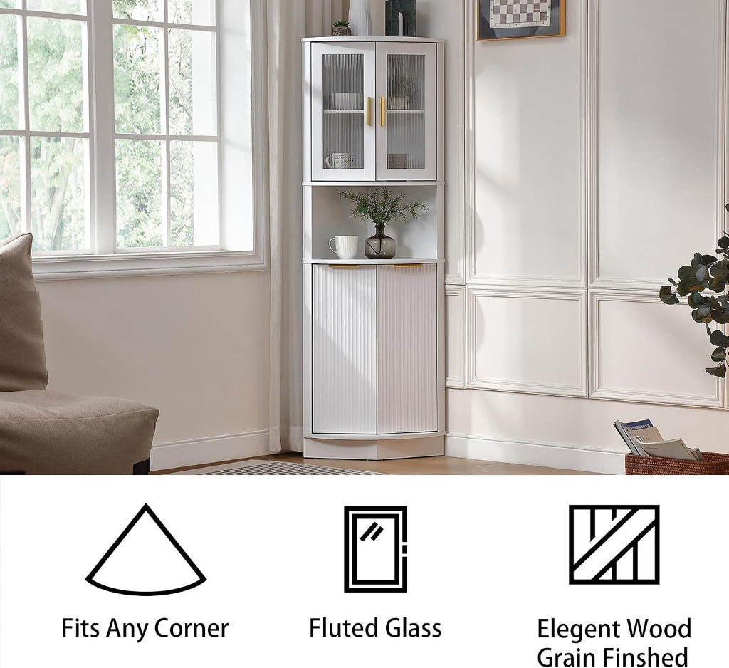 FOREST GRAVITY 64.57'' Tall Corner Cabinet with Shelves for Great Storage and Showcase,Storage Cabinet Double as Corner Liquor Cabinet with Pentagon Design for Livinng Room,Kitchen and Bathroom,White