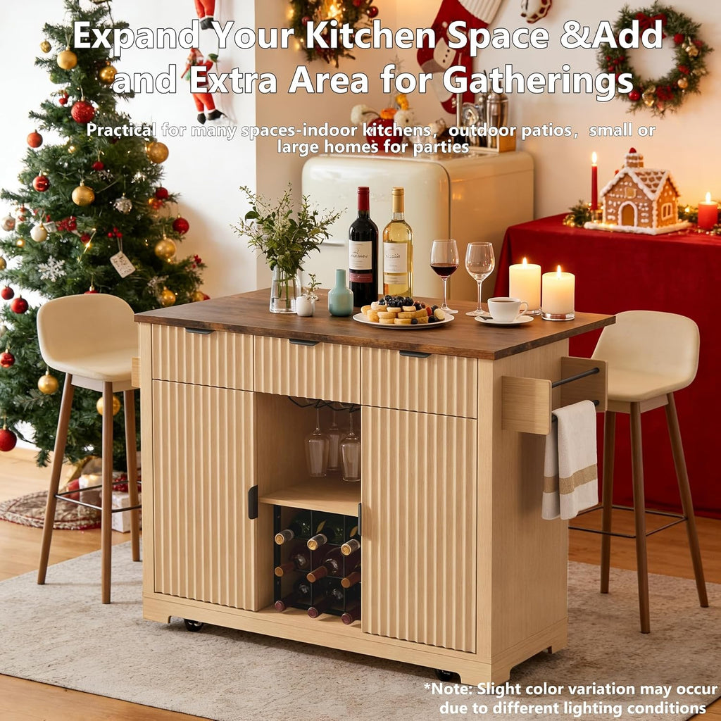 FiveWillowise Kitchen Island with Drop Leaf and Wine Cabinet, Rolling Kitchen Island on Wheels with Storage Cabinets,50' Fluted Wine Bar with 3 Drawers, and Towel Rack for Kitchen, Dining Room