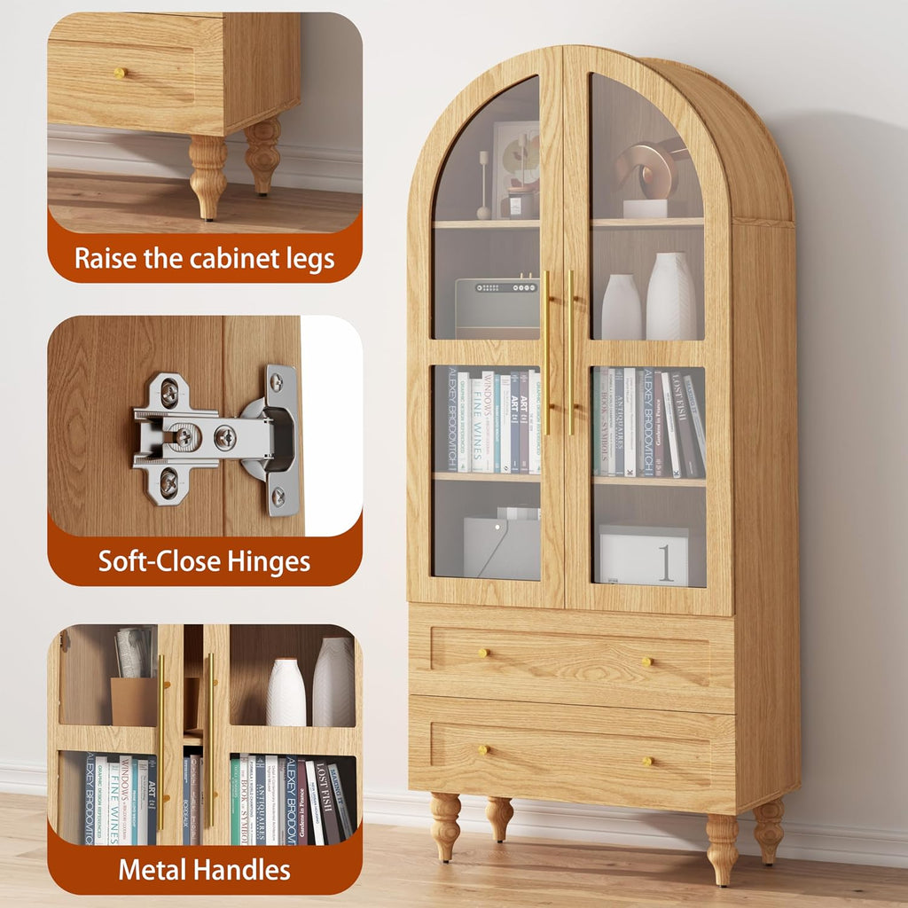 Vongrasig 71' Tall Arched Kitchen Pantry Storage Cabinet with Glass Doors, 2 Large Drawers, 6-Tier Tall Rustic Wood Cupboard Locker for Kitchen, Dining Room, Living Room, Bathroom,Natural